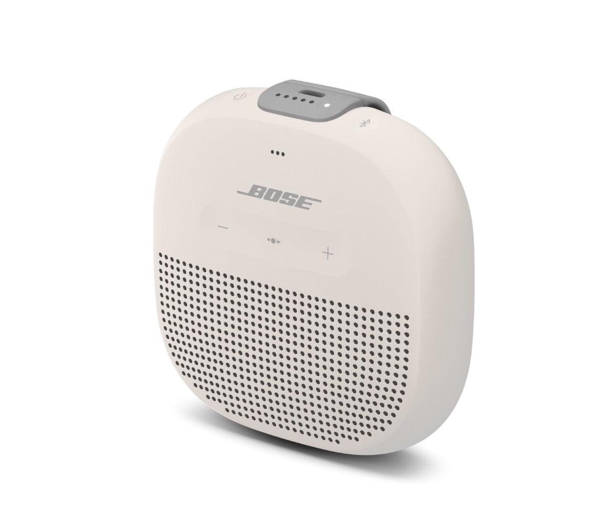 Bose SoundLink Micro Bluetooth speaker in white, rear view with rugged design and built-in strap for portability.