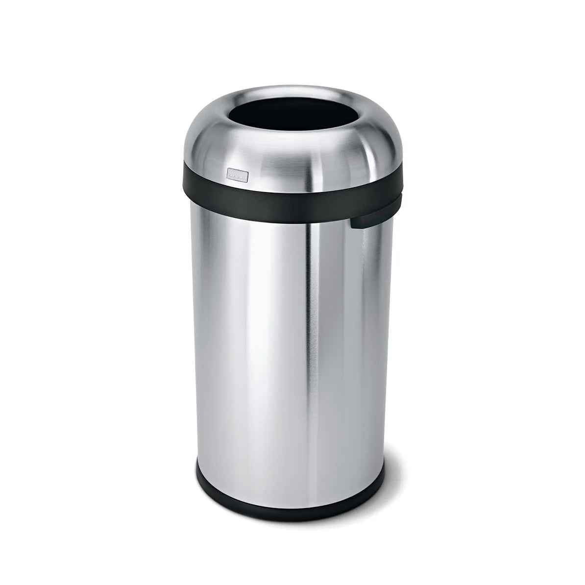 The image shows a large, cylindrical stainless steel trash can with a dome-shaped lid. The lid features a wide, circular opening at the top for easy disposal of waste and is accented by a black band around its edge. The body of the trash can is made of polished stainless steel, giving it a sleek and modern appearance. The design is both functional and stylish, making it suitable for high-traffic areas such as kitchens, commercial spaces, or public places where a large-capacity waste disposal solution is nee