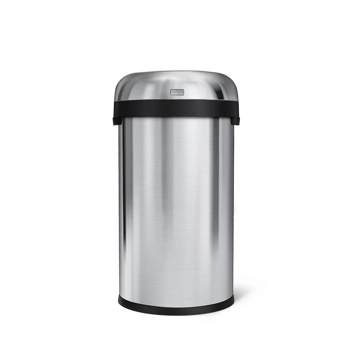 The image shows a large, cylindrical stainless steel trash can with a polished finish. The trash can features a dome-shaped lid with a wide, circular opening at the top for easy disposal of waste. A black band runs around the top edge, adding a sleek contrast to the stainless steel body. The trash can's modern and durable design makes it suitable for high-traffic areas such as kitchens, commercial spaces, or public areas where a large-capacity waste disposal solution is needed. The sturdy build and function