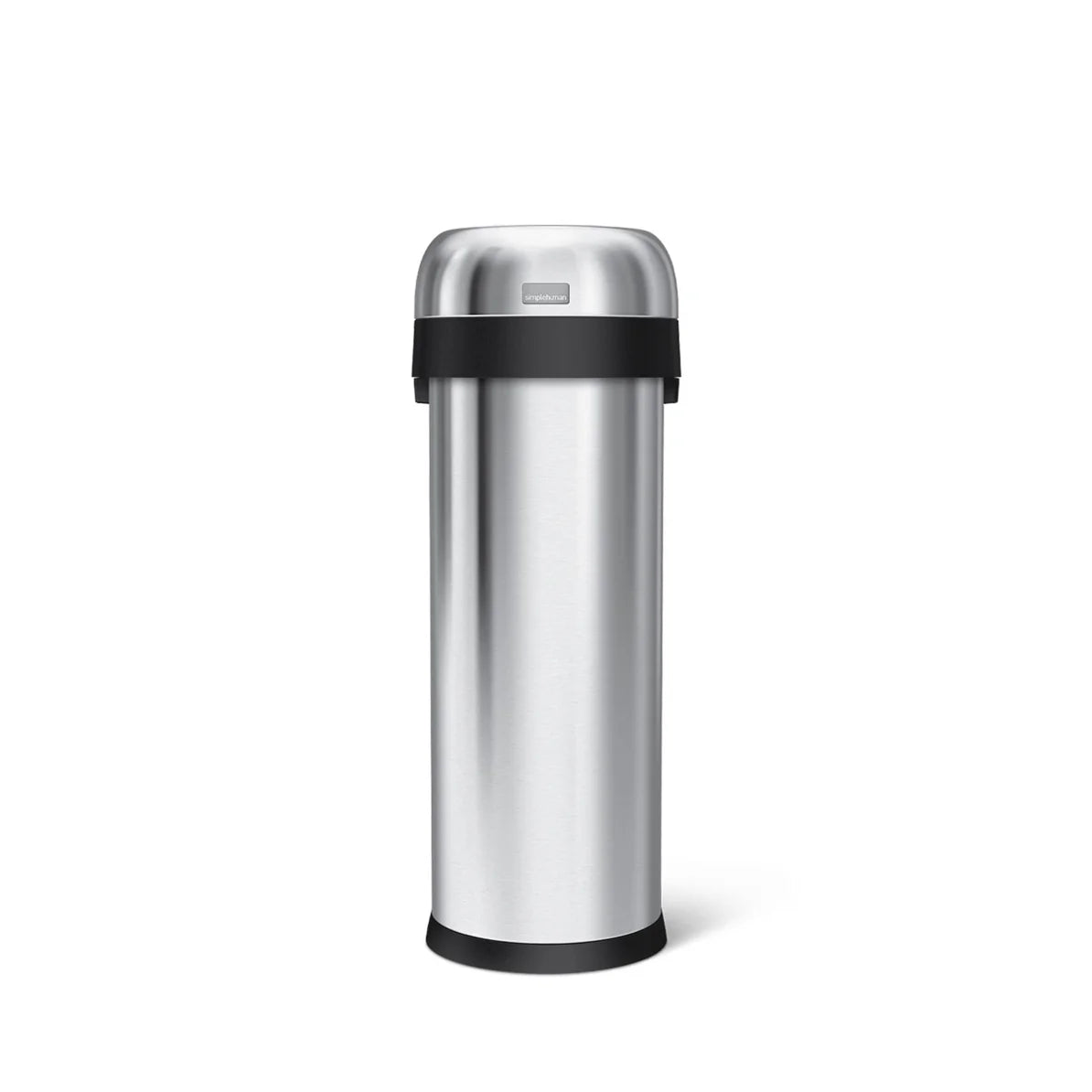 The image shows a tall, stainless steel trash can with a dome-shaped lid and black accents around the lid and base. The design is sleek and modern, with a polished finish that gives the trash can a clean and professional appearance. The dome lid adds a touch of elegance, making this trash can suitable for various settings, such as offices, kitchens, or public spaces. Its slender and compact design is ideal for saving space while providing efficient waste disposal.