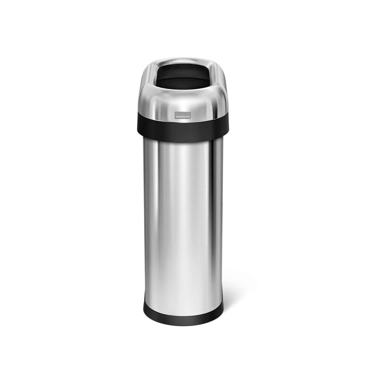 The image shows a tall, stainless steel trash can with a black, dome-shaped open-top lid. The trash can features a sleek and slender design, with black accents around the lid and base, adding a modern and stylish touch. The open-top lid allows for easy disposal of waste, making it ideal for high-traffic areas such as kitchens, offices, or public spaces. The polished stainless steel finish gives the trash can a clean and contemporary look, combining functionality with aesthetic appeal.