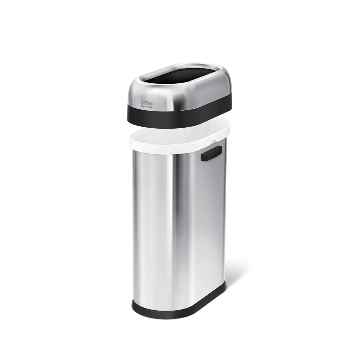 The image shows a sleek, stainless steel trash can with a black, dome-shaped open-top lid and integrated side handles. The lid is slightly raised, revealing the inner liner, which is white and fits securely inside the can. The design features black accents around the lid and base, adding a modern touch to the trash can's overall appearance. The compact, rectangular shape makes it ideal for fitting into narrow spaces while offering convenient waste disposal. The polished stainless steel finish enhances its s