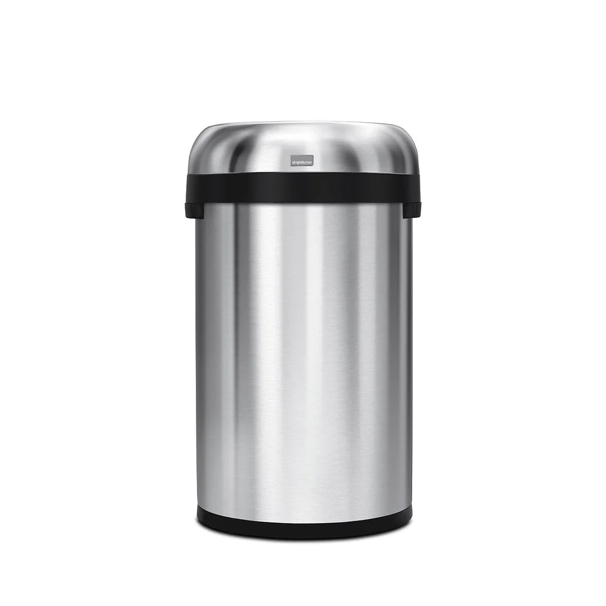 The image shows a stainless steel trash can with a dome-shaped lid and black accents around the lid and base. The design is sleek and modern, with a polished stainless steel finish that gives it a clean, professional look. The dome lid adds an elegant touch, making this trash can suitable for various settings, including offices, kitchens, or public spaces. Its sturdy construction and minimalist design make it a practical and aesthetically pleasing choice for efficient waste management.