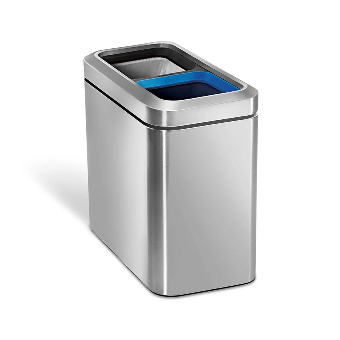 The image shows a sleek, rectangular stainless steel trash can with a dual-compartment design. The trash can features smooth, rounded edges and a polished finish, giving it a modern and sophisticated appearance. Inside, there are two separate compartments—one with a blue liner and the other with a black liner—designed for waste separation, such as recycling and general trash. The compact and functional design makes this trash can ideal for spaces like offices, kitchens, or public areas where efficient waste