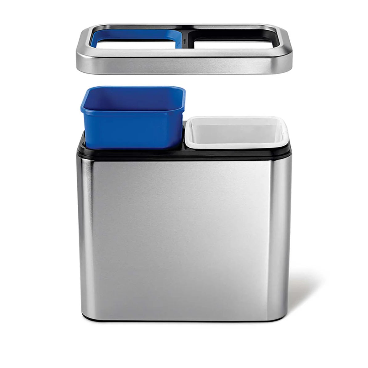 The image shows a sleek, rectangular stainless steel trash can with a dual-compartment design. The lid of the trash can is removed and positioned above the can, revealing two separate inner bins—one blue and one white—designed for waste separation, such as recycling and general trash. The lid has two openings corresponding to the compartments, creating a clean and organized look when in place. The polished stainless steel finish, combined with the functional dual compartments, makes this trash can a stylish