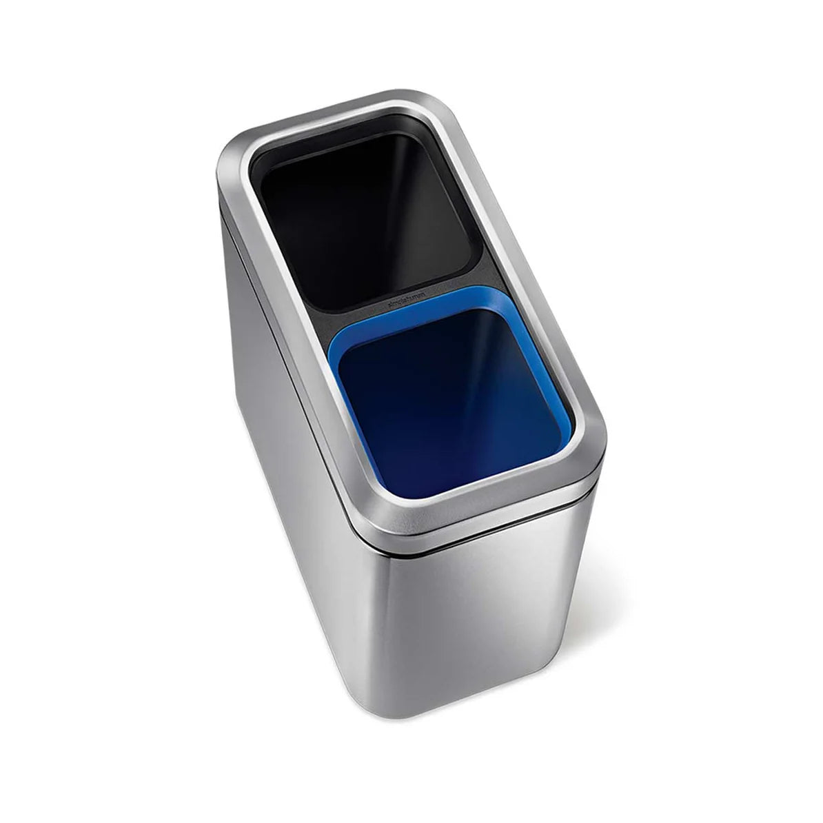 The image shows a top-down view of a sleek, rectangular stainless steel trash can with a dual-compartment design. The trash can features smooth, rounded edges and a polished finish. Inside, there are two separate compartments—one with a blue liner and the other with a black liner—designed for waste separation, such as recycling and general trash. The minimalist and modern design, combined with the functional dual compartments, makes this trash can an ideal addition to spaces like offices, kitchens, or publi