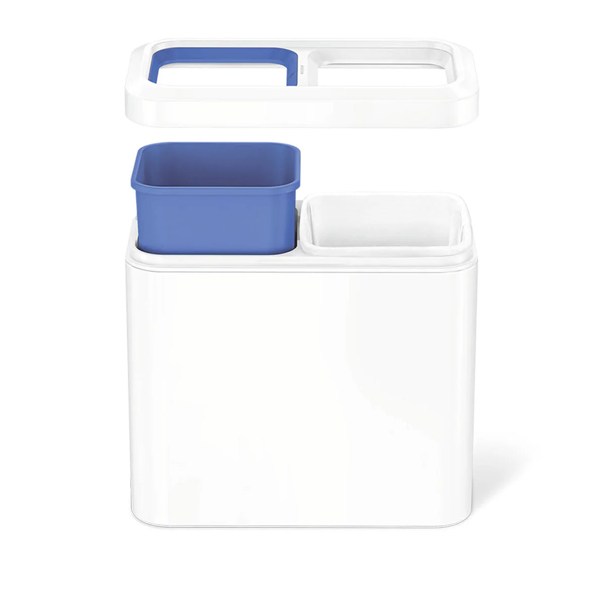 The image shows a sleek, rectangular white trash can with a dual-compartment design. The lid of the trash can is removed and positioned above the can, revealing two separate inner bins—one blue and one white—designed for waste separation, such as recycling and general trash. The lid has two openings that correspond to the compartments, creating a clean and organized look when in place. The minimalist design, with its smooth surfaces and rounded edges, makes this trash can both functional and stylish. It's i