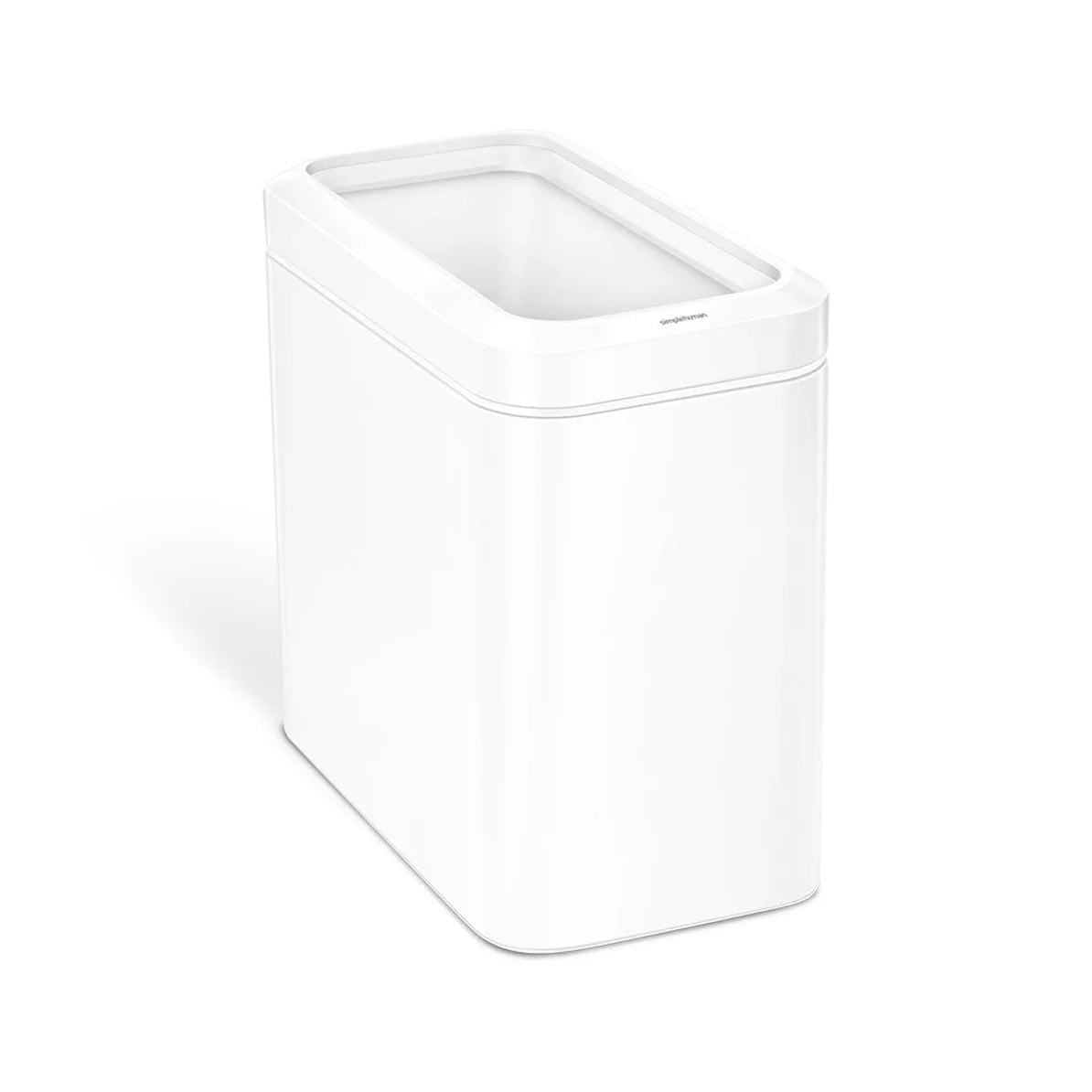 The image shows a sleek, white rectangular trash can with a minimalist design. The trash can features smooth surfaces with rounded edges and a matching white lid that fits neatly on top. The modern design, with its clean lines and all-white finish, gives it a contemporary and unobtrusive appearance. This trash can is ideal for spaces where a subtle, stylish waste disposal solution is desired, such as in offices, bathrooms, or kitchens. Its compact shape makes it easy to fit into narrow spaces while maintain