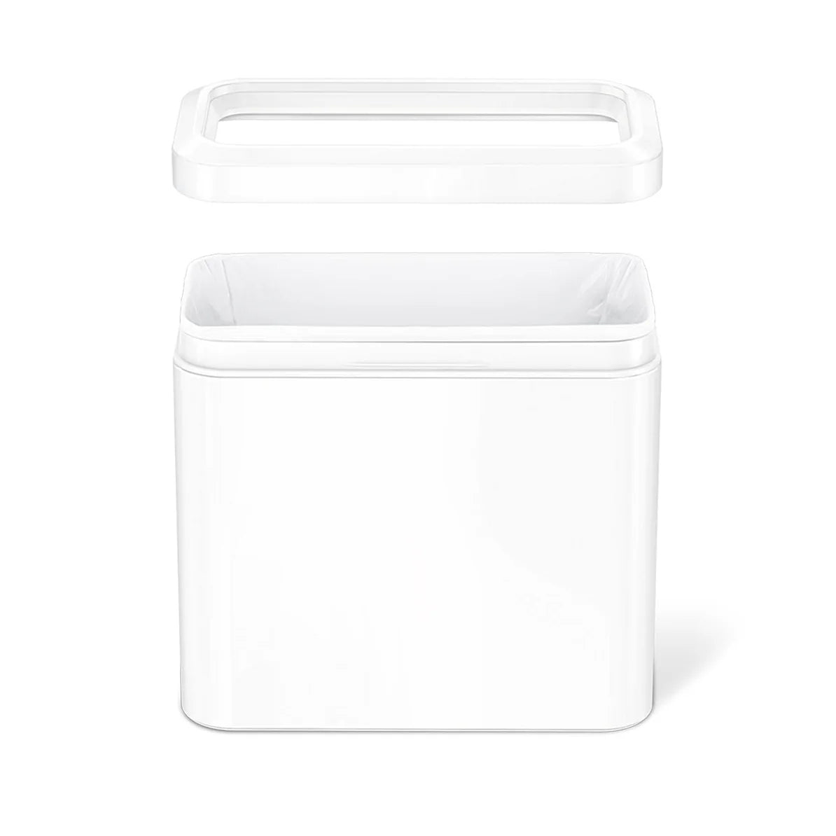 The image shows a white, rectangular trash can with its lid removed and positioned above the can. The design is minimalist and sleek, with smooth surfaces and rounded edges, giving it a modern look. The interior of the trash can is also white, maintaining a consistent, clean aesthetic. The open design makes it easy to place a liner inside, and the lid fits neatly on top, ensuring a tidy appearance. This trash can is ideal for use in spaces where a discreet, stylish waste disposal solution is needed, such as