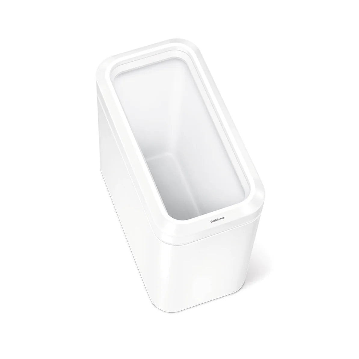 The image shows a top-down view of a white, rectangular trash can with a clean, minimalist design. The trash can has a smooth finish with rounded edges, and the top opening is spacious, allowing for easy disposal of waste. The interior is also white, creating a seamless look both inside and out. The simple, modern design makes it a versatile and stylish addition to various spaces, such as offices, bathrooms, or kitchens, where a clean and unobtrusive waste disposal solution is needed.