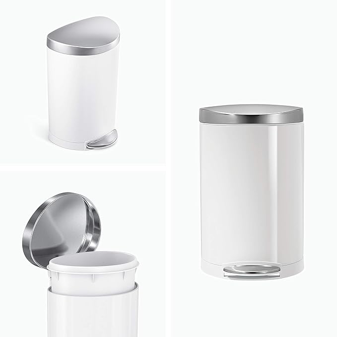 A sleek white and stainless steel trash bin, featuring a foot pedal for hands-free operation and a removable liner bucket for easy trash disposal and cleaning.