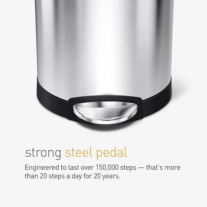 Close-up of a sturdy stainless steel pedal on a bin, engineered to withstand over 150,000 steps, equivalent to more than 20 steps a day for 20 years.