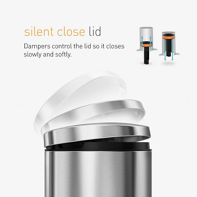 Illustration of a stainless steel bin featuring a silent close lid with dampers that enable the lid to close slowly and softly for noiseless operation.