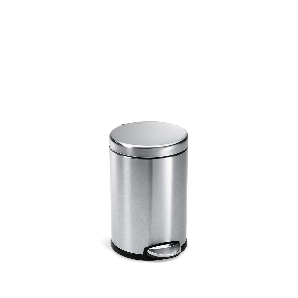 The image shows a compact, stainless steel cylindrical trash can with a polished finish. It features a foot pedal at the base for hands-free operation, with black accents around the base and pedal area. The trash can's sleek and modern design makes it a perfect fit for small spaces such as bathrooms, offices, or under desks. Its simple yet elegant appearance ensures it blends seamlessly with various decor styles while providing practical functionality.