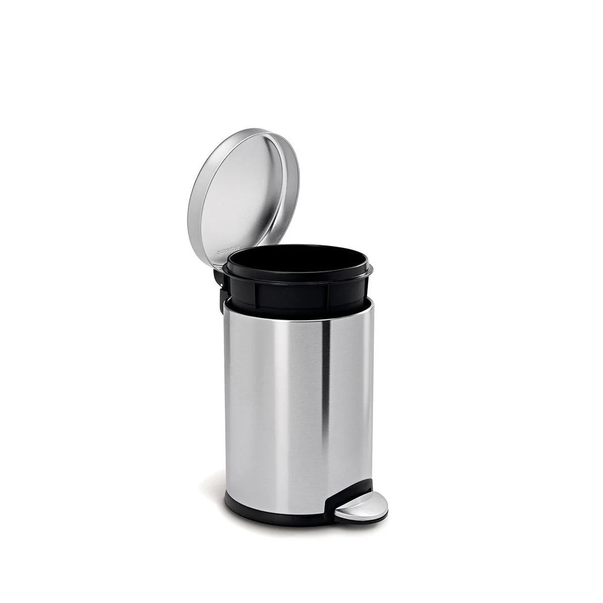 The image shows a small, stainless steel cylindrical trash can with its lid open, revealing a black removable inner bucket. The trash can features a foot pedal for hands-free operation and has a sleek, polished finish. The open lid highlights the practicality of the design, allowing for easy access to the inner bucket for emptying and cleaning. The compact size and modern appearance make it an ideal choice for small spaces like bathrooms or offices, combining functionality with a clean, stylish look.