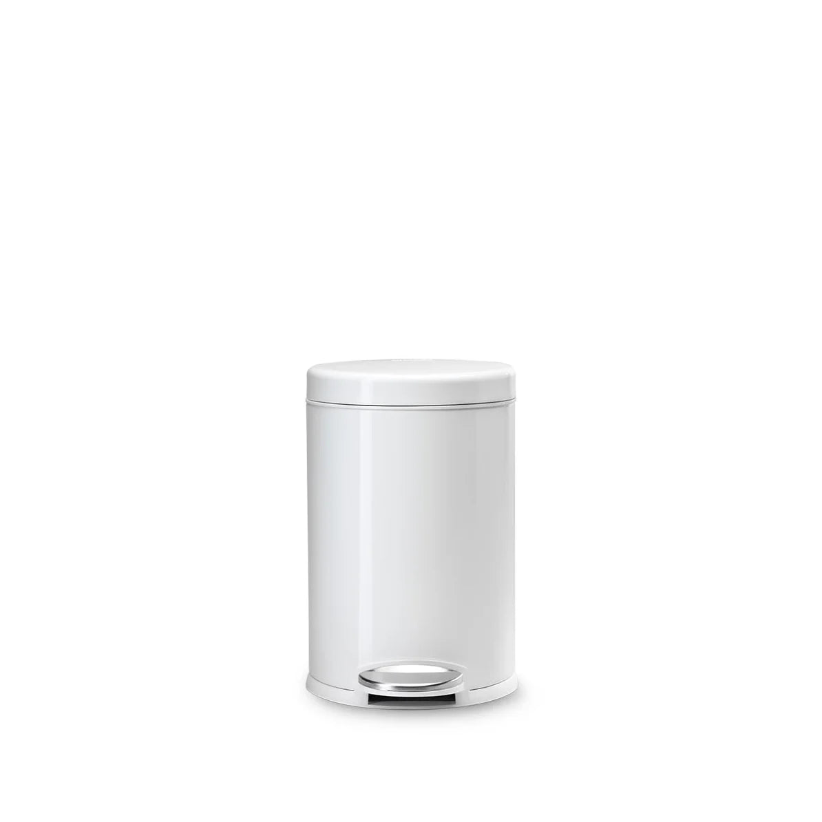 The image shows a small, white cylindrical trash can with a foot pedal for hands-free operation. The trash can has a clean, minimalist design with a smooth, glossy finish. Its compact size makes it ideal for small spaces such as bathrooms or under desks. The simple and elegant appearance ensures that it blends seamlessly into any decor while providing practical functionality. The trash can's design is both modern and unobtrusive, making it a versatile addition to various settings.