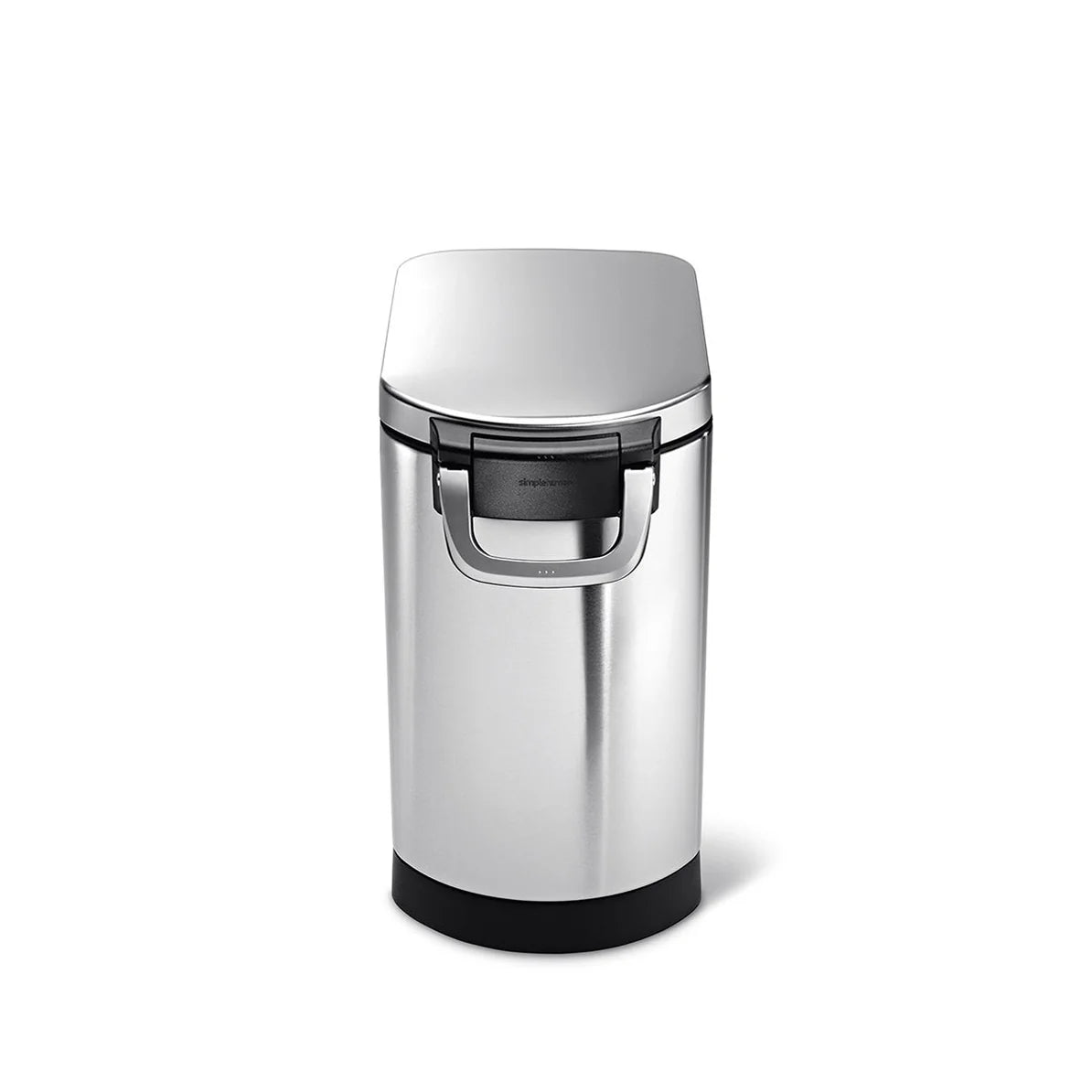 The image shows a sleek, cylindrical stainless steel trash can with a polished finish. The trash can features a uniquely designed lid with a flat top that slightly angles forward. Below the lid, there is a black handle integrated into the design, which likely serves for easy opening and closing. The base of the trash can is black, providing a contrast to the stainless steel body. The overall design is modern and functional, making it ideal for use in kitchens, offices, or other spaces where a stylish and pr