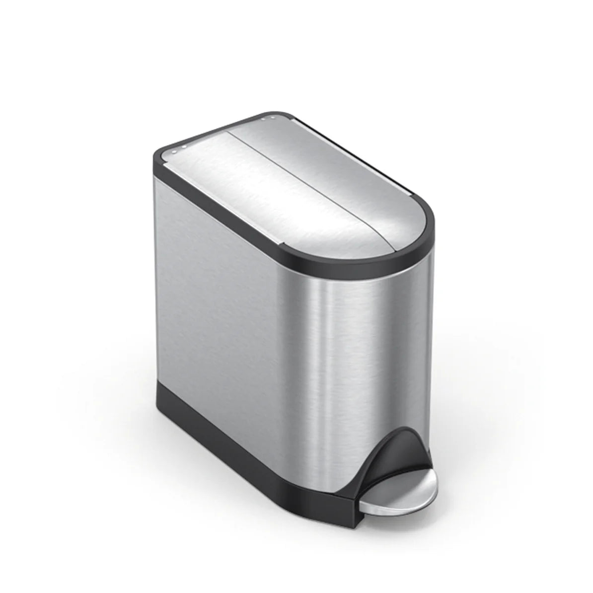 The image shows a stainless steel trash can with a sleek, oval design and black accents around the base and lid. The trash can features a foot pedal for hands-free operation, with the lid closed, giving it a streamlined and modern appearance. The compact and stylish design makes it suitable for various spaces, combining functionality with aesthetic appeal.