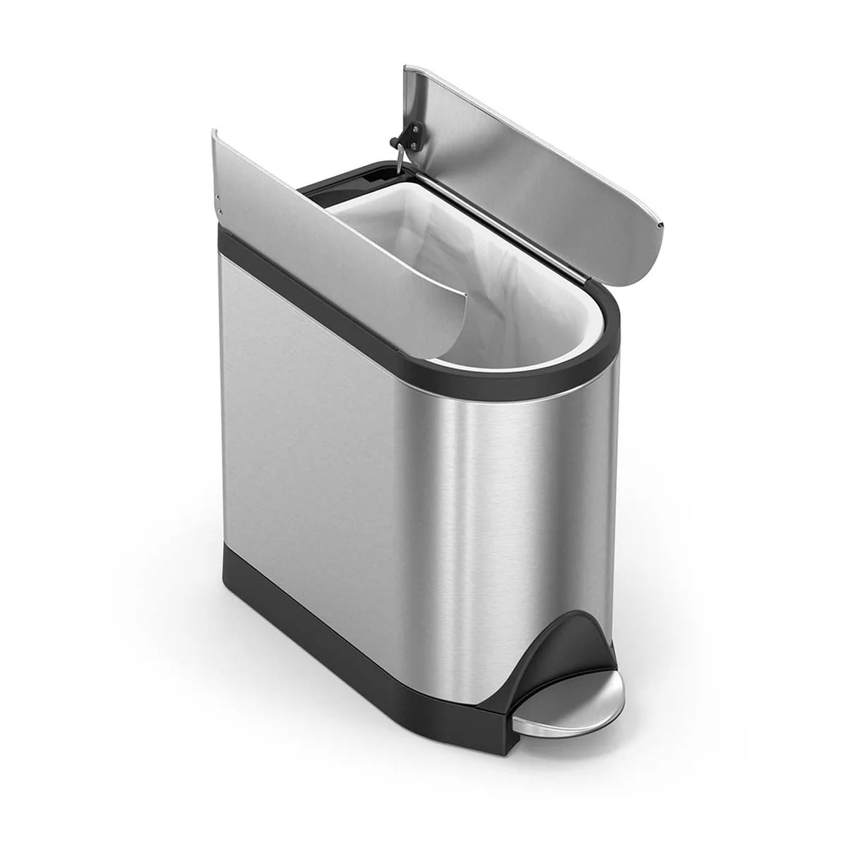 The image displays a stainless steel trash can with its lid open, revealing the interior liner. The trash can has a sleek, modern design with a foot pedal for hands-free operation. The black accents on the base and lid contrast with the silver body, enhancing its aesthetic appeal. The open lid showcases the easy access and functionality of the trash can, making it a practical choice for any room.