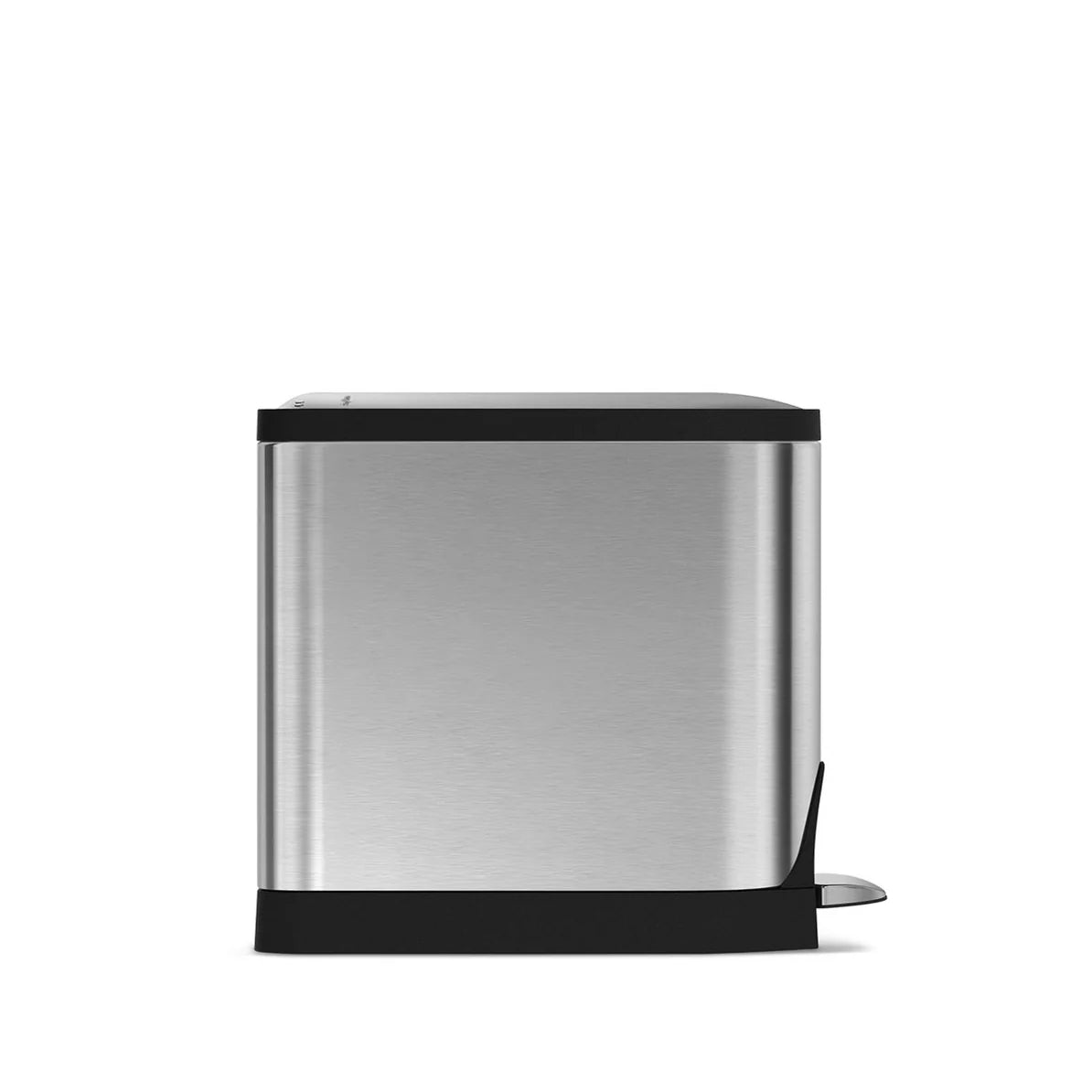 The image shows a side view of a stainless steel trash can with a sleek, modern design. The trash can features a foot pedal for hands-free operation, with a black base and lid accentuating the silver body. The minimalist design and compact size make it suitable for various spaces, offering both functionality and aesthetic appeal.