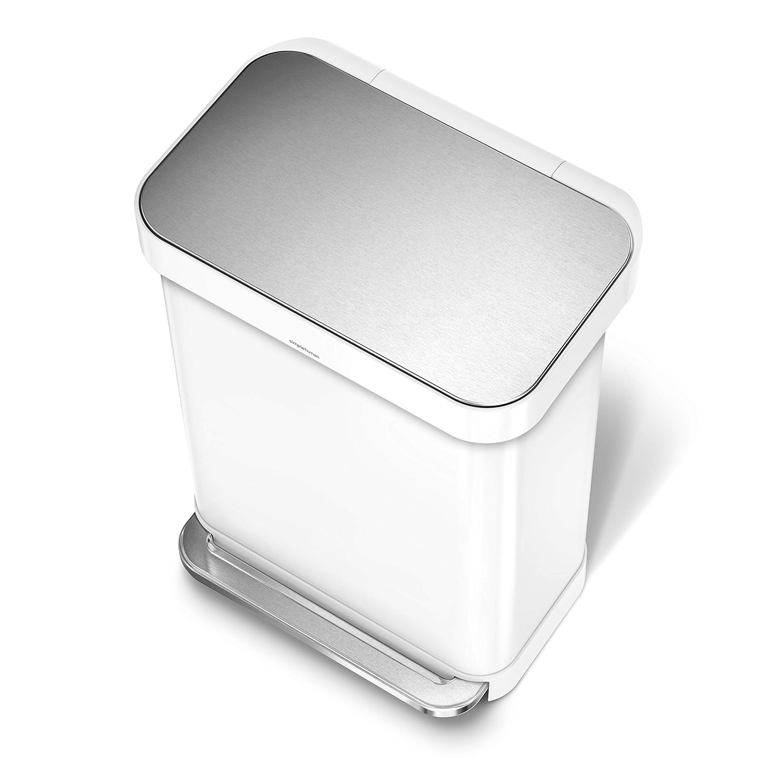 A stylish rectangular white trash bin featuring a brushed stainless steel lid and a broad foot pedal for hands-free operation. Its minimalist design adds a modern touch to any space.