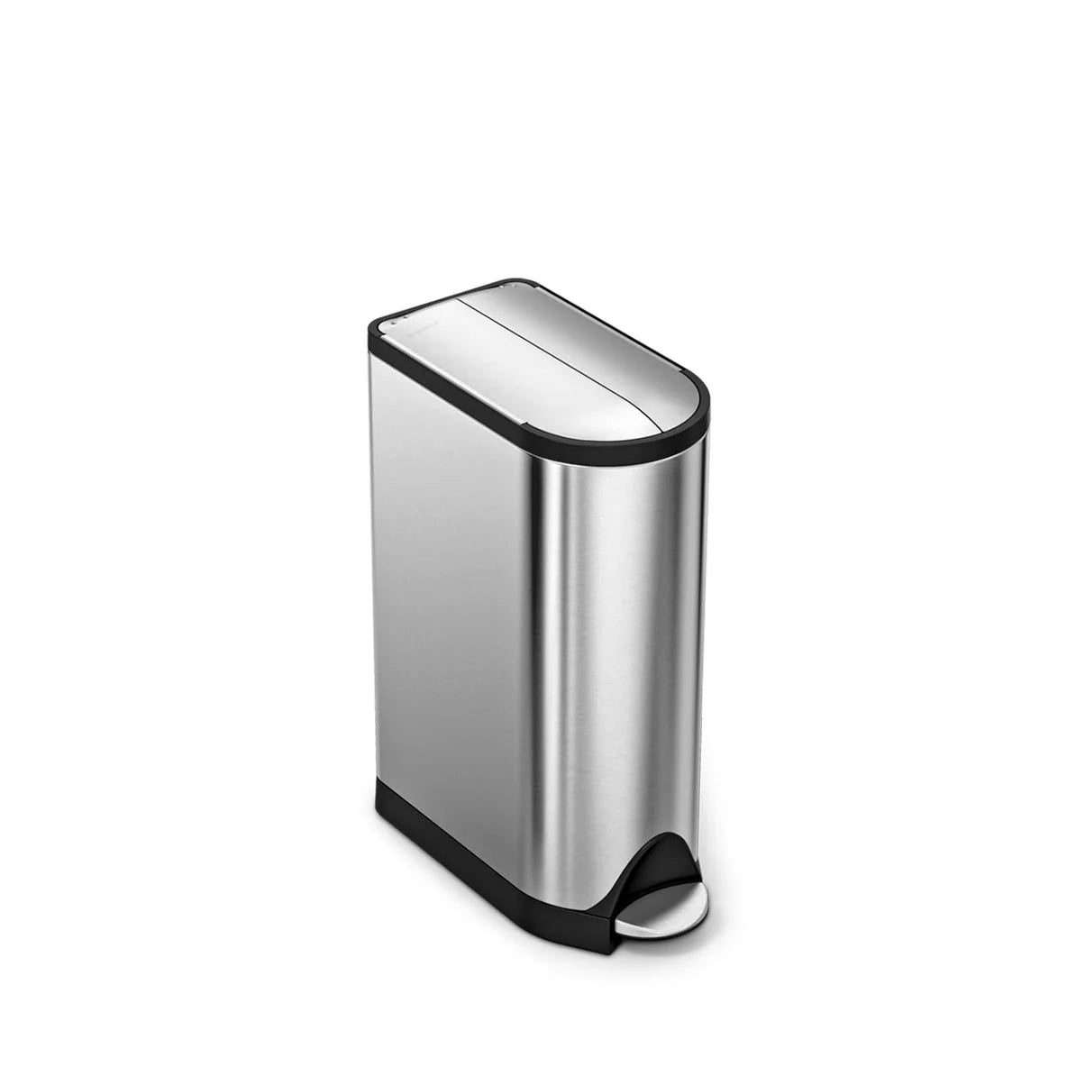 The image shows a Simplehuman slim stainless steel trash can, viewed from an angled perspective. The can has a sleek, rectangular design with rounded corners, making it an elegant addition to any modern space. The stainless steel body is complemented by a black base and lid trim. The foot pedal, also stainless steel, is located at the base, allowing for hands-free operation. The lid is closed in this image, emphasizing the trash can's clean, minimalist appearance. This design is ideal for narrow spaces due 