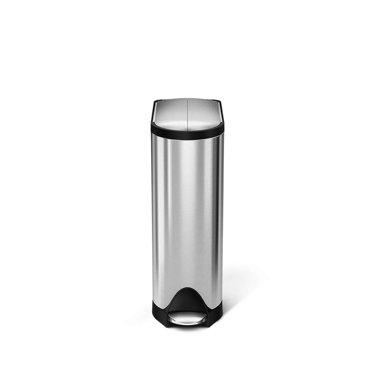 The image shows a Simplehuman stainless steel trash can with a slim, tall design. It has a sleek, brushed metal exterior with a black base and trim. The foot pedal is located at the base of the can, allowing for hands-free operation. The trash can’s minimalist design makes it an attractive and functional addition to modern kitchens or office spaces, offering both durability and convenience. The lid appears closed in this image, highlighting the clean and streamlined aesthetic.