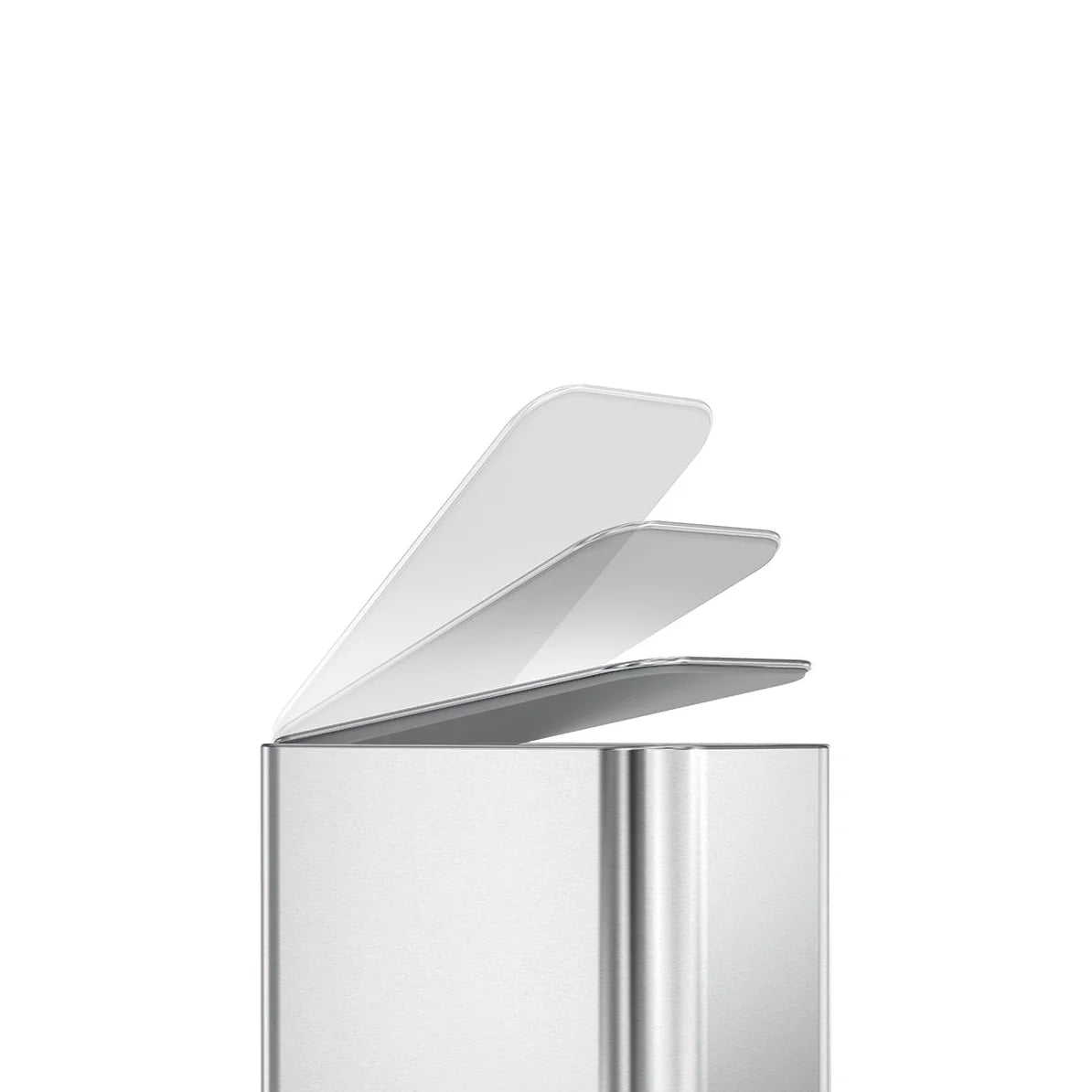 The image provides a close-up view of the top portion of a stainless steel trash can. The focus is on the lid, which is depicted in a sequence of opening stages, illustrating its smooth, gradual movement. The lid appears to have a soft-close mechanism, allowing it to close quietly and gently. The sleek, metallic finish of the trash can emphasizes its modern and high-quality design. The clean lines and minimalist aesthetic make this trash can suitable for contemporary spaces, where both style and functionali