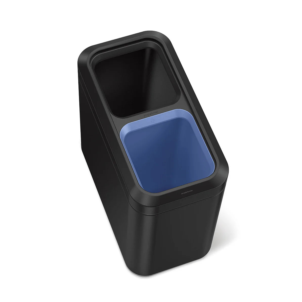 The image shows a top-down view of a sleek, rectangular black trash can with a dual-compartment design. The trash can features smooth, rounded edges and a matte finish, giving it a modern and minimalist appearance. Inside the trash can, two separate compartments are visible—one with a blue liner and the other in black—indicating a system for sorting waste, such as recycling and general trash. This design is both functional and stylish, making it ideal for spaces where efficient waste separation is needed, s