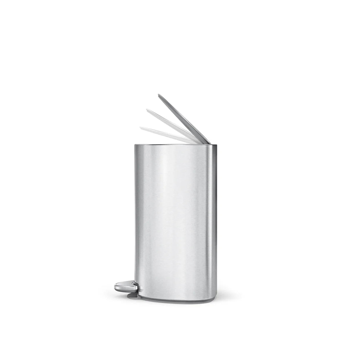 The image shows a side view of a stainless steel trash can with an oval shape. The trash can features a foot pedal at the bottom front, allowing for hands-free lid operation. The lid is partially open, depicted in multiple positions, showcasing its smooth and gradual closing mechanism. The stainless steel exterior gives the can a modern and durable appearance, making it ideal for both residential and commercial use where aesthetics and functionality are key. The overall design emphasizes ease of use, hygien