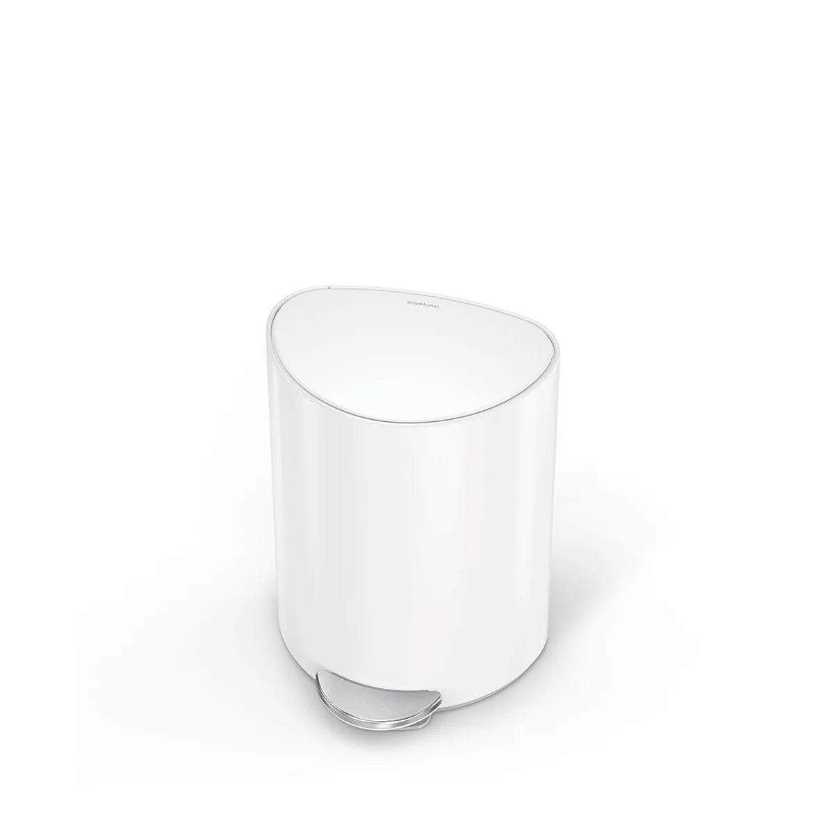 : A small, white, semi-oval-shaped trash can with a sleek and minimalist design. The trash can features a polished chrome foot pedal at the bottom for hands-free use. The top edge is slightly curved, and the overall shape is designed to fit neatly into corners or against walls. The design is modern and functional, ideal for use in contemporary spaces like bathrooms or kitchens.