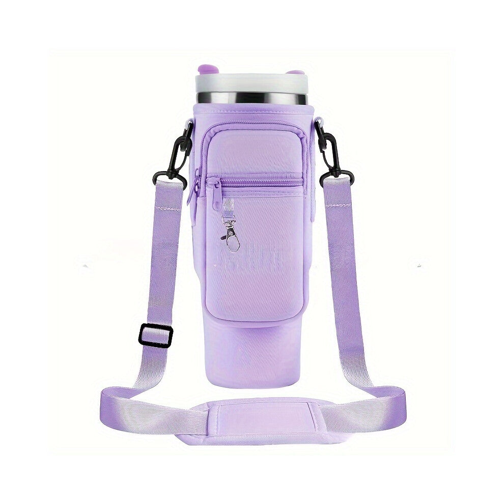 This image showcases a purple insulated tumbler holder with a shoulder strap and additional zippered pockets for storage. It is designed for convenience and portability, making it ideal for carrying beverages while on the go. Let me know if you need further details or insights!