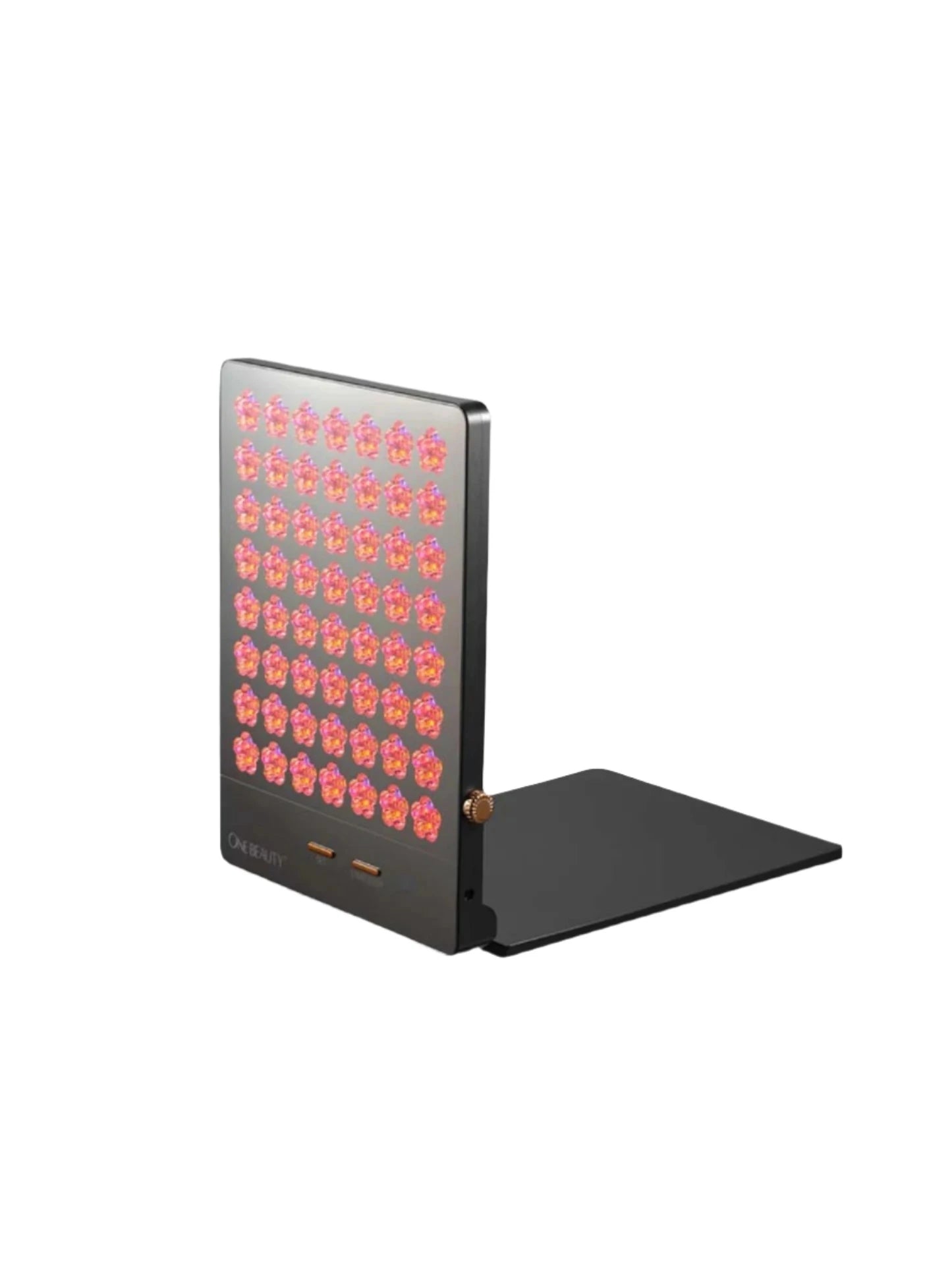  Angled side view of a black OREONYX device featuring a grid of LED lights on the front panel, illuminated in a combination of red and blue colors. The device is mounted on a flat stand, providing stability. The front panel includes control buttons and indicators, with the brand name "OREONYX" displayed at the bottom. The design emphasizes functionality and effectiveness.