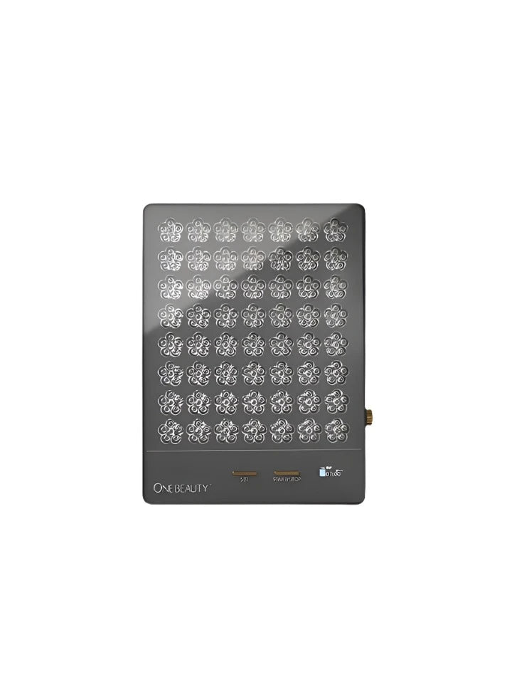  A grey OREONYX device featuring a grid of unlit LED lights on the front panel. The front panel also includes control buttons and indicators, with the brand name "OREONYX" displayed at the bottom. The design emphasizes a clean, modern look with a focus on functionality.