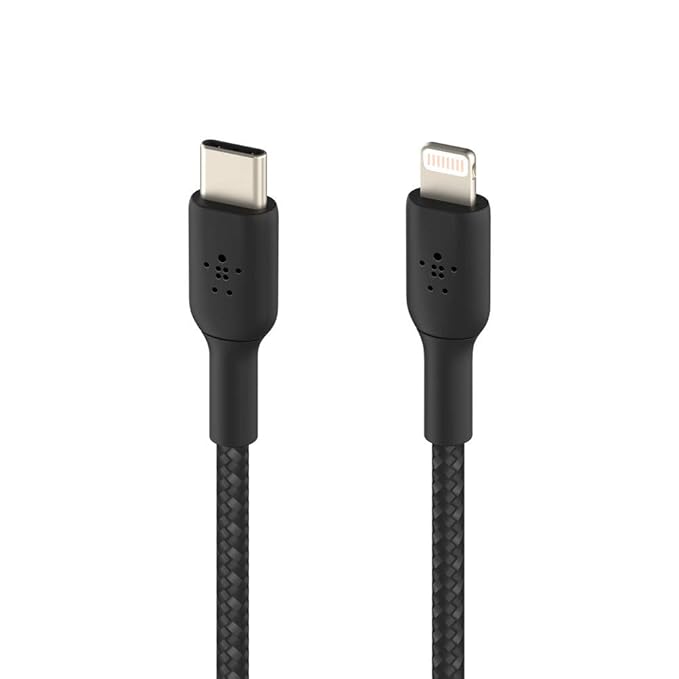 This image shows a braided charging cable with USB-C to Lightning connectors, designed for compatibility with Apple devices. The connectors appear durable, with reinforced housing to protect against wear. The braided cable offers added strength and tangle resistance, making it suitable for regular use while maintaining a sleek and professional look.