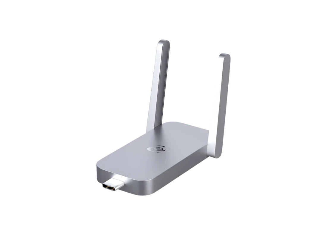 Deeper Connect Air compact device with dual antennas, designed for secure and private internet browsing, featuring a sleek metallic finish and USB-C connectivity.