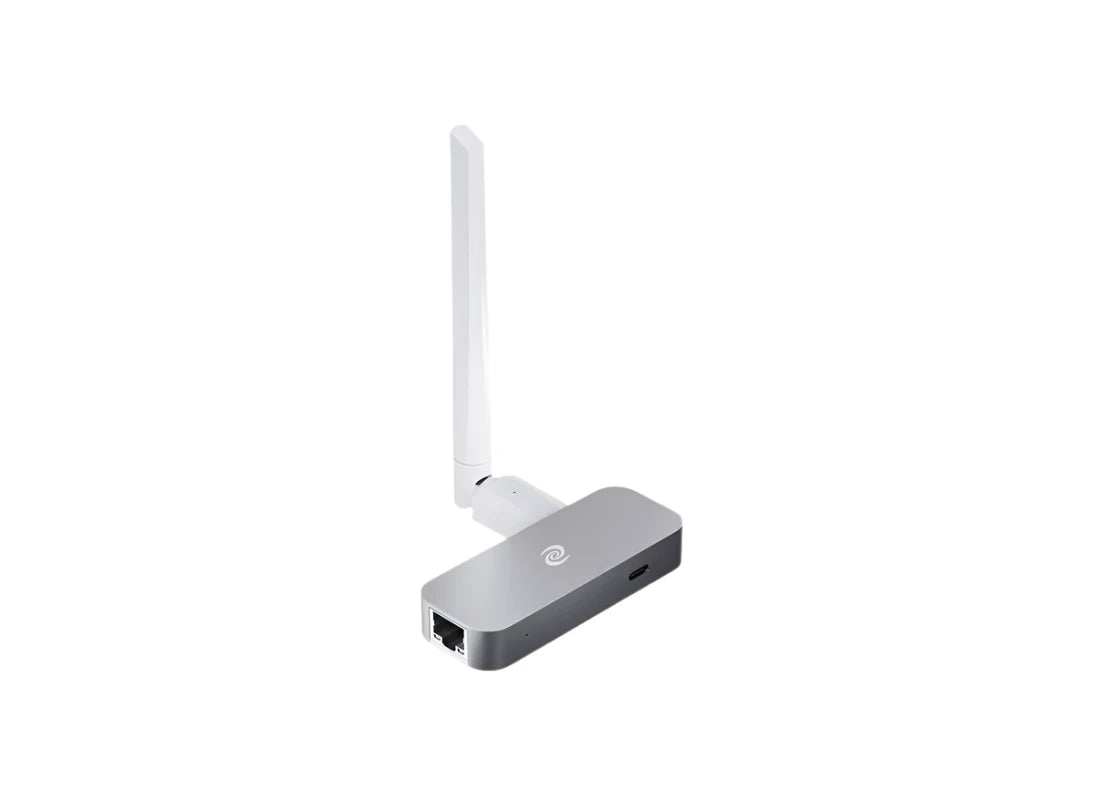 Angled view of Deeper Connect Pico Lite with a single antenna, Ethernet port, and USB-C port, offering secure and compact decentralized internet access.