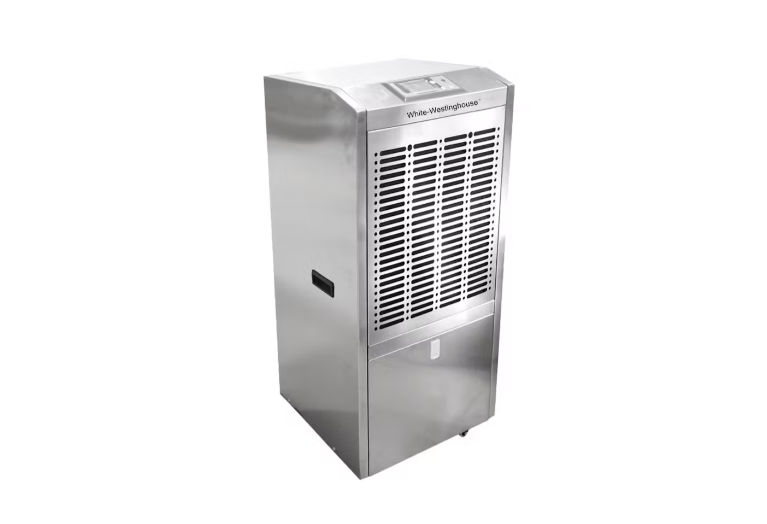  A large industrial dehumidifier with a sleek metallic silver exterior.