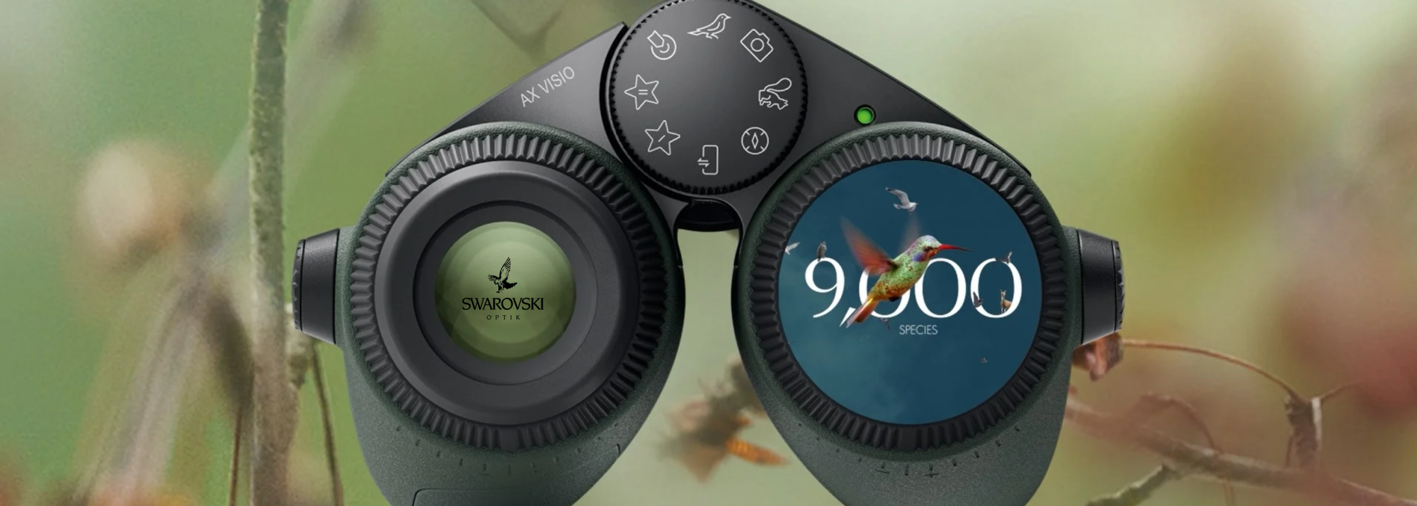 AX Visio smart binoculars featuring SWAROVISION technology, highlighting bird species identification with Swarovski Optik branding on the lenses.