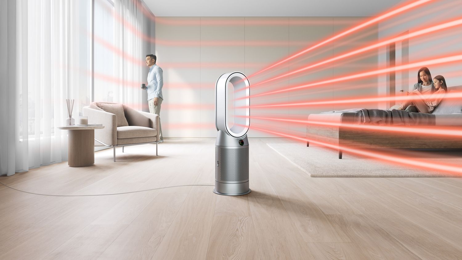 Air purifier emitting warm airflow, efficiently heating a spacious room, providing comfort and temperature control for a cozy living environment.