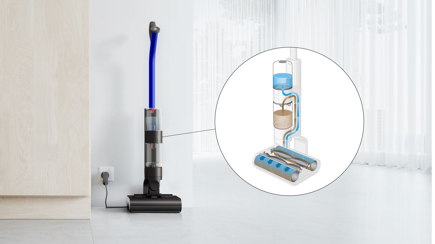 Cordless vacuum cleaner with charging dock, featuring a detailed diagram of dual water and waste tanks, showcasing advanced cleaning technology and efficient design.