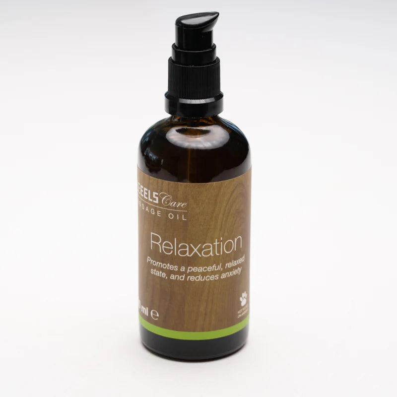 A brown bottle of ELEEELS Care Massage Oil labeled "Relaxation," designed to promote a peaceful, relaxed state and reduce anxiety. The bottle features a black pump dispenser and a simple wooden-textured label with green accents, emphasizing a natural and calming aesthetic.