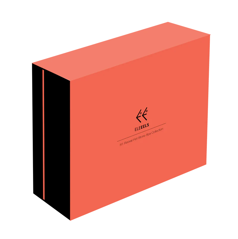 A bold orange ELEEELS packaging box featuring the brand logo and the text "S1 Patented Hot Stone Spa Collection" centered on the front. The clean black accents along the sides and minimalistic design highlight the box's modern and premium aesthetic.