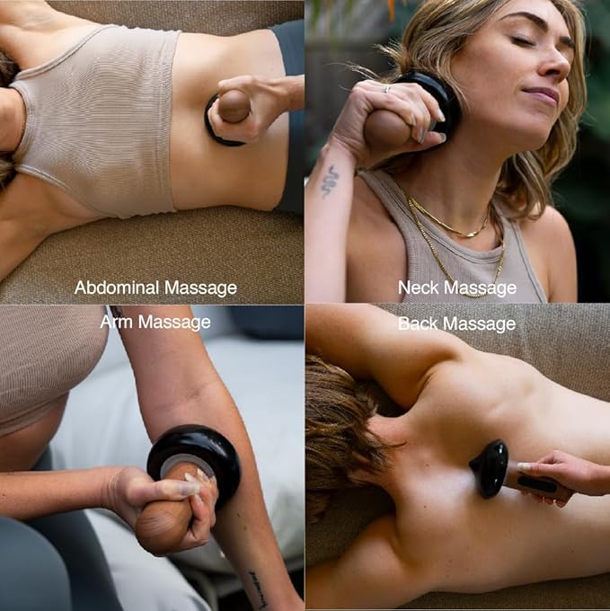 A collage showcasing the ELEEELS S2 device being used for various massages, including abdominal, neck, arm, and back, highlighting its versatility and effectiveness in targeting different muscle groups for relaxation and relief.