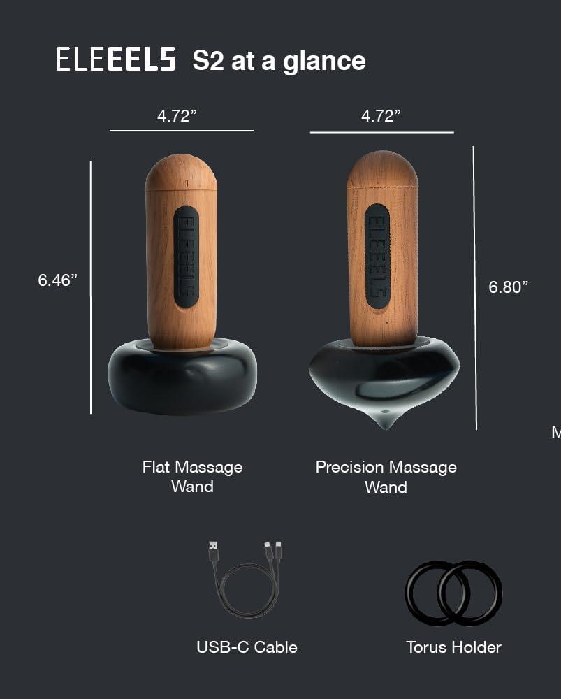 An informational graphic highlighting the ELEEELS S2 massagers. It showcases two versions: the **Flat Massage Wand** (6.46" tall) and the **Precision Massage Wand** (6.80" tall), both with a 4.72" diameter base. Both devices feature a wooden handle with the "ELEEELS" logo and a sleek black base. Additional items displayed include a **USB-C cable** for charging and **Torus Holders** for convenient placement. The layout emphasizes dimensions and included accessories for a clear overview.