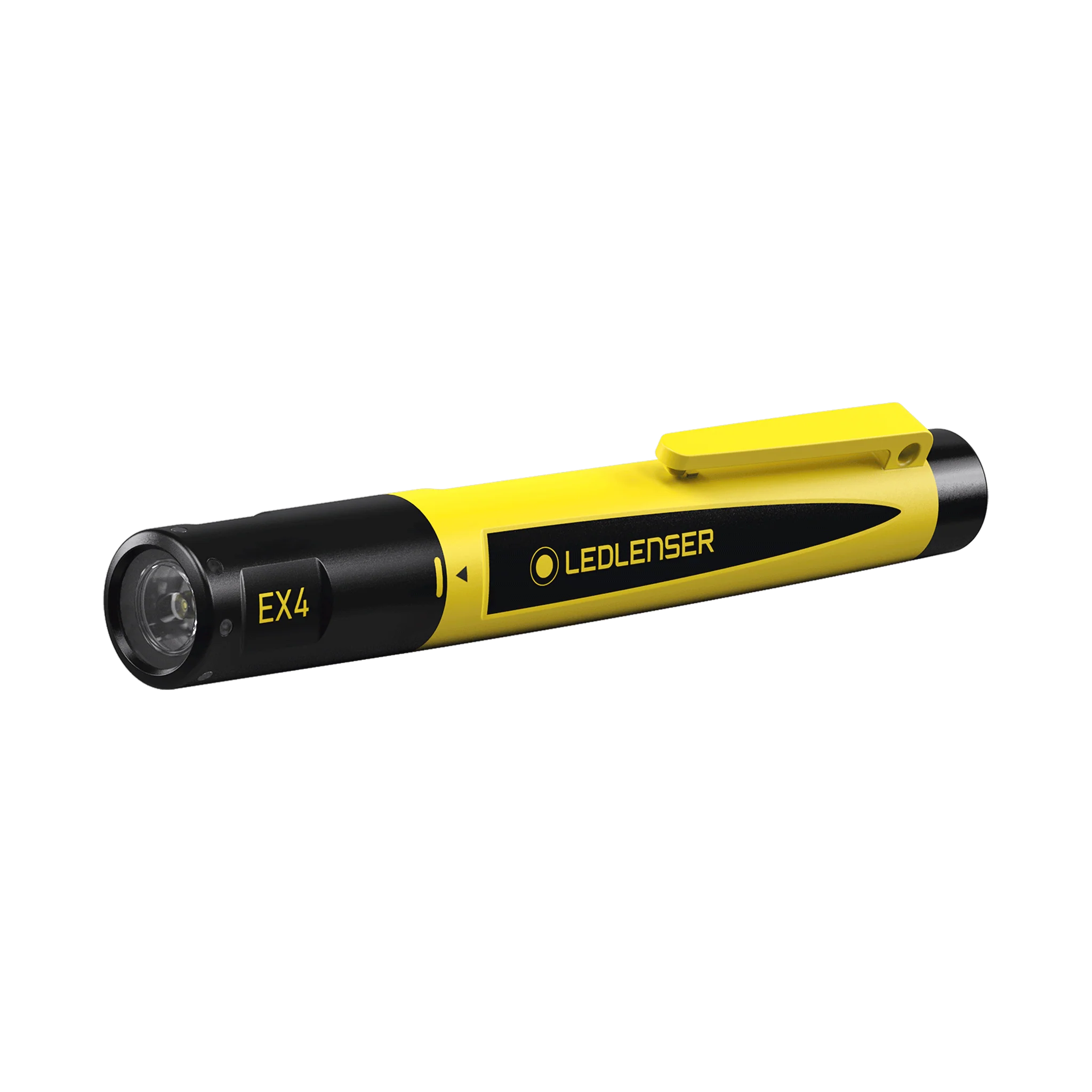 A yellow and black LED Lenser EX4 penlight lying horizontally with the lens facing left. The penlight features a pocket clip for easy attachment and has the "LED LENSER" branding along the side. The model name "EX4" is printed near the base. The design is sleek and cylindrical, highlighting its portability and functionality as a light source.