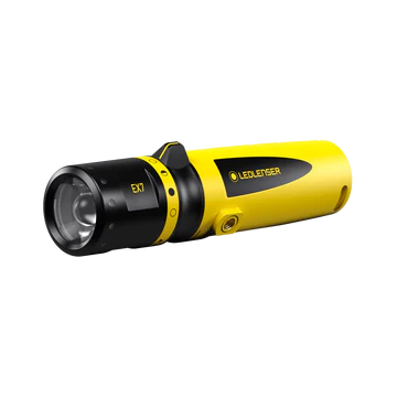 LEDLenser EX7 flashlight, featuring a yellow and black body design with a focusable lens. The flashlight has a sturdy build and is suitable for use in hazardous environments.