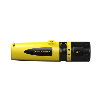 LEDLenser EX7 flashlight, side view, showing its yellow and black body design, with a focusable lens and sturdy build, suitable for use in hazardous environments.