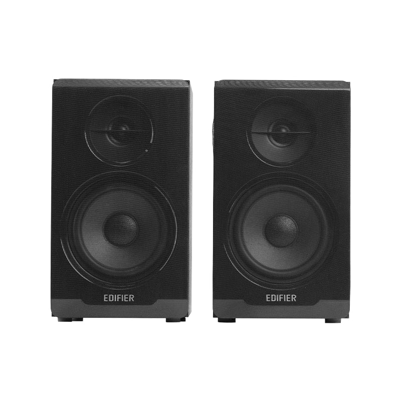 This image showcases a pair of Edifier speakers with a black grille design, offering a sleek and modern aesthetic. The speakers are likely designed for high-quality audio performance in home or professional settings.