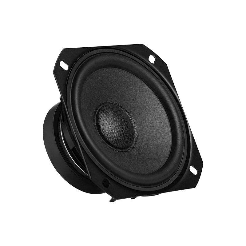 A close-up of a compact speaker driver with a sleek black design, showcasing its cone and mounting frame, ideal for high-quality audio output in compact speaker systems.